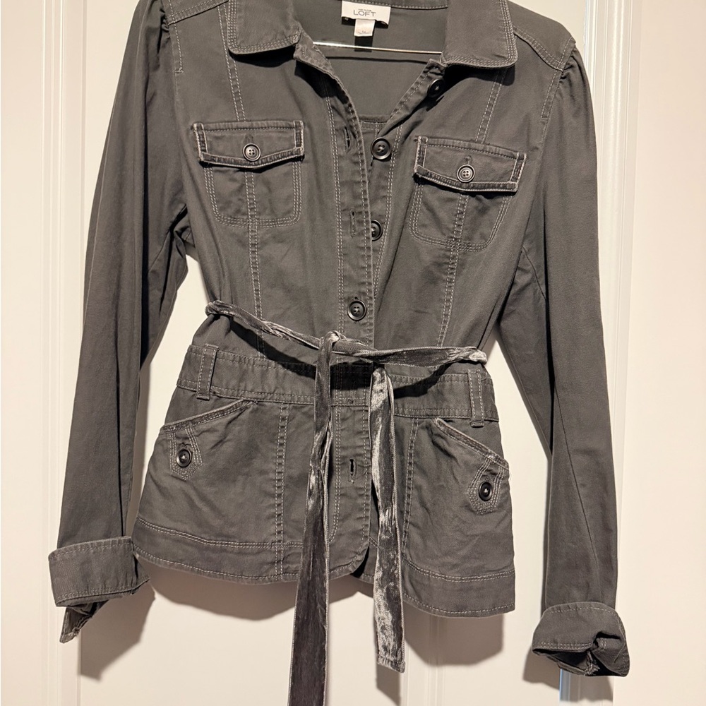 LOFT Gray Utility Jacket with Removable Tie Belt
